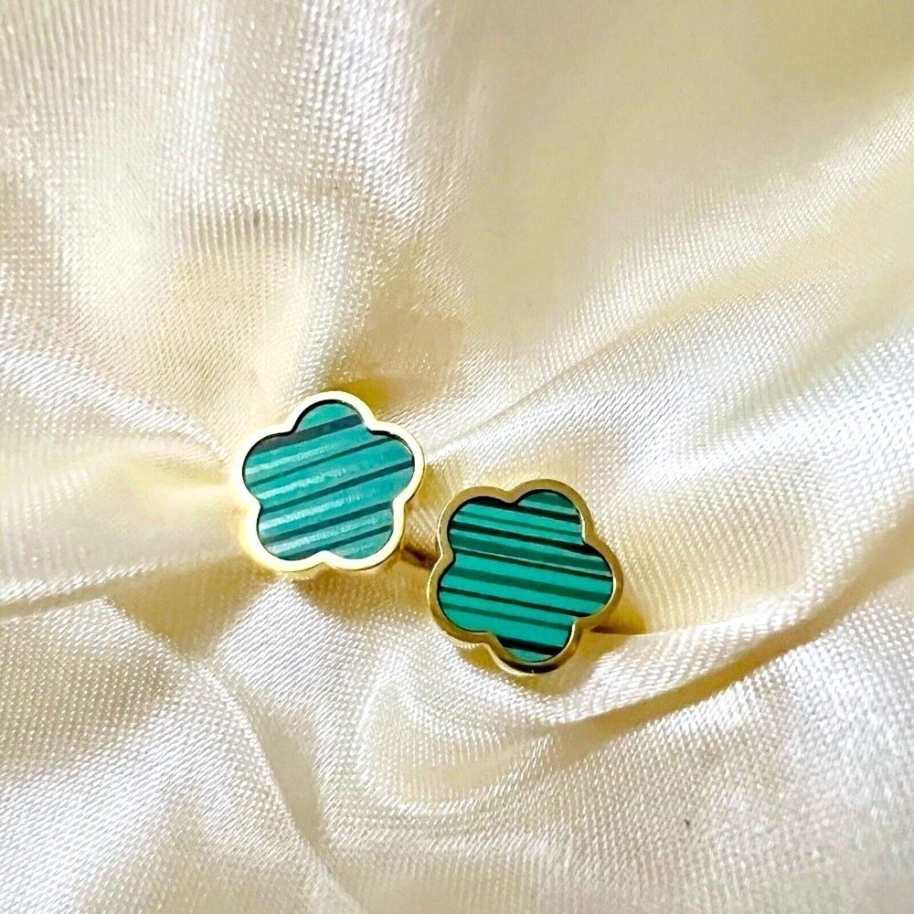 Gold Plated green Floral Clover Earrings Stainless Steel womens jewelry - Picture 2 of 6